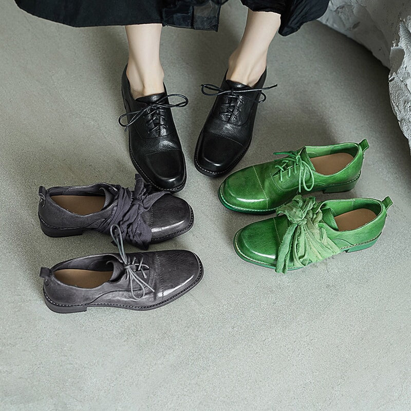 Vintage Lace-Up Derby Oxford Shoes Block Heel Leather Casual Footwear in Black/Green/Grey (better suited for thin feet)