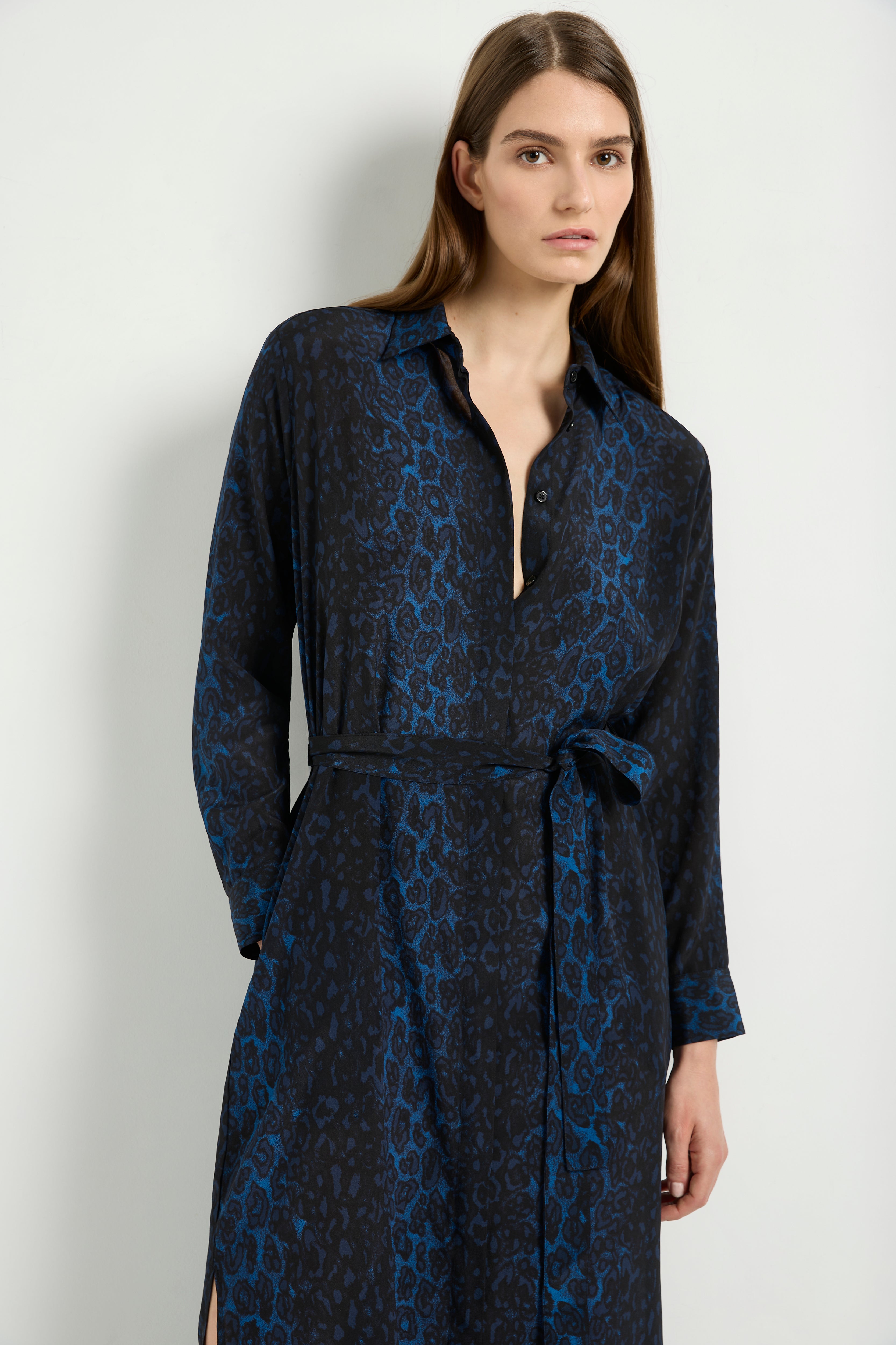 Mela Purdie Tie Shirt Dress Sapphire Leopard Silk Print