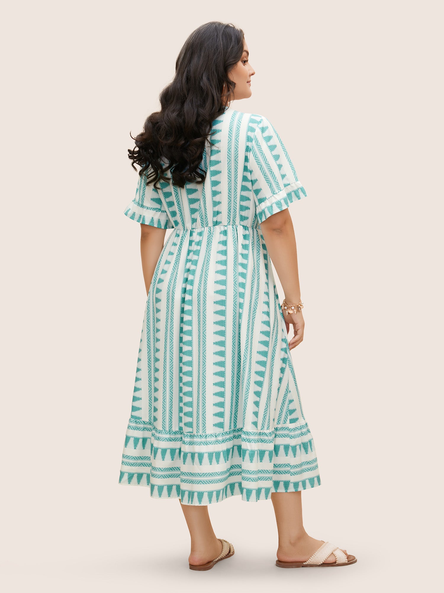 Bandana Striped Overlap Collar Flutter Hem Dress