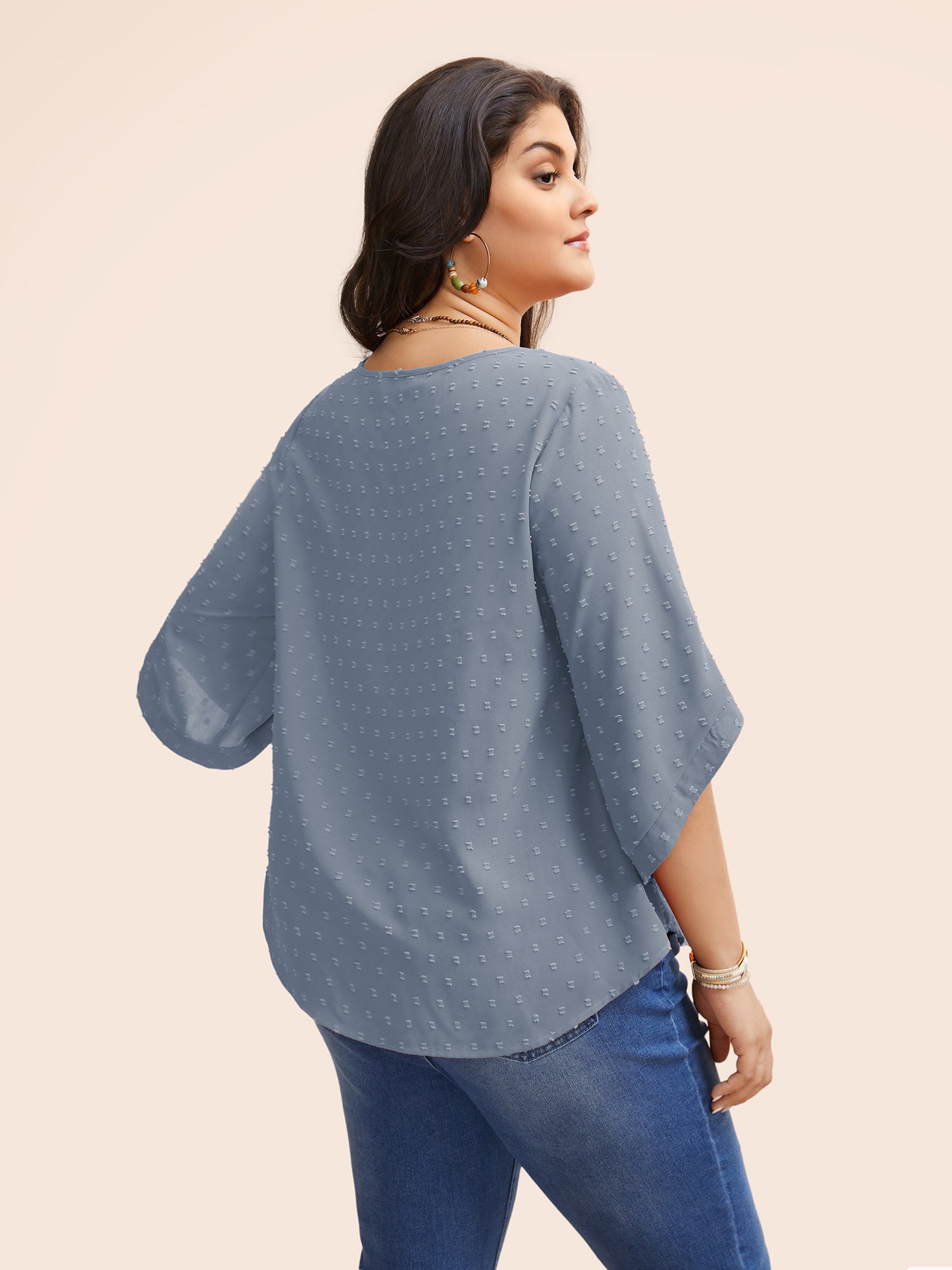 Textured Round Neck Bell Sleeve Blouse