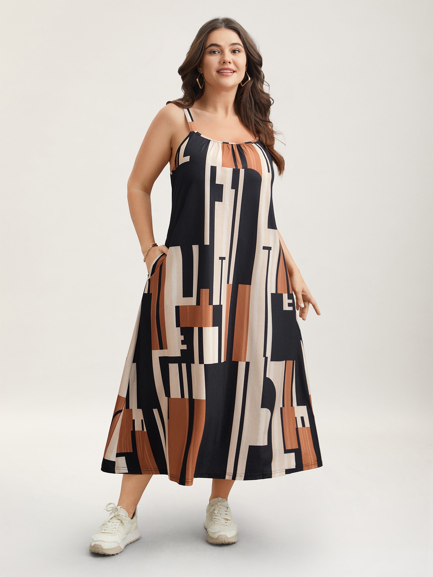 Abstract Print Pockets Cami Midi Dress