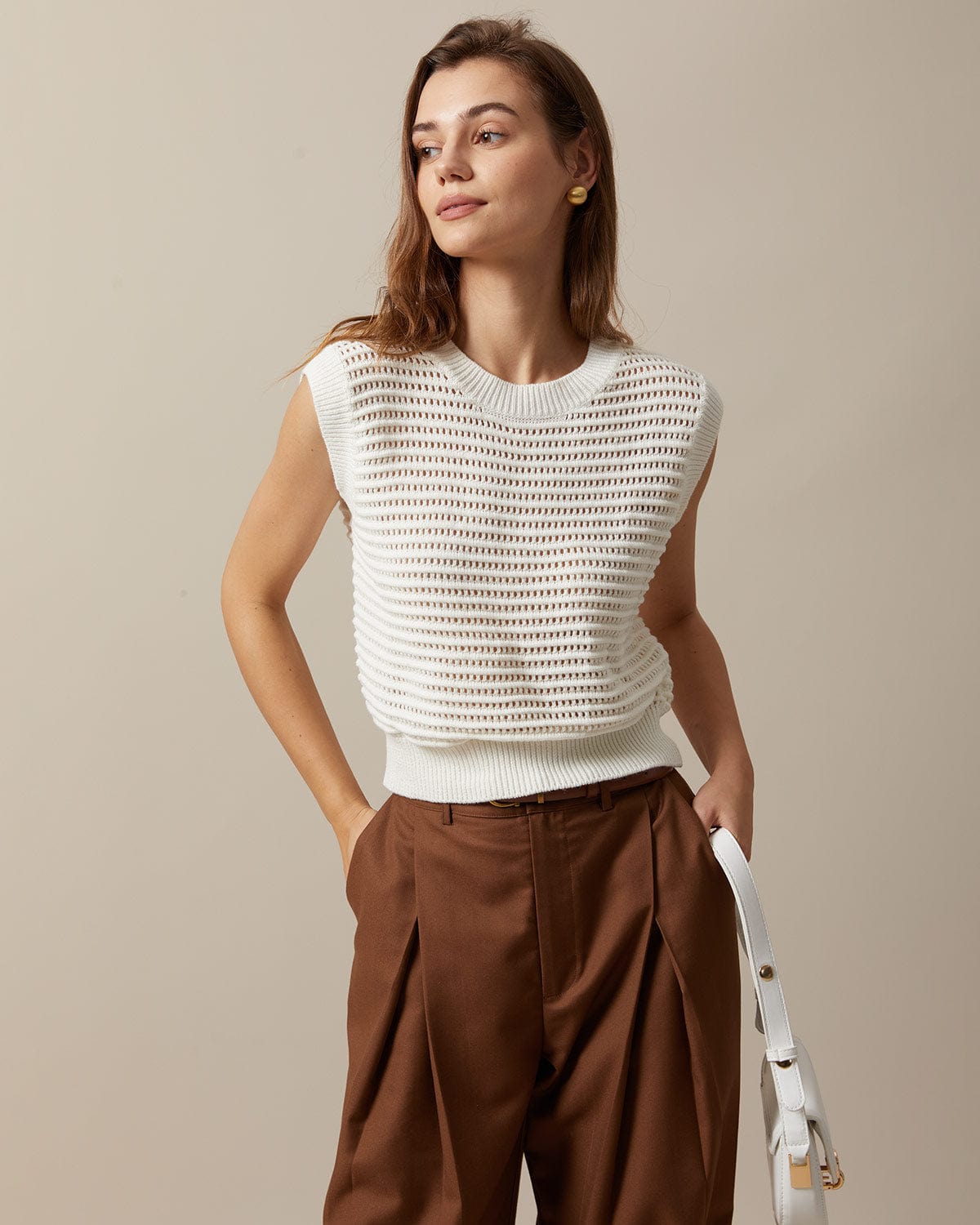 The Beige Sleeveless Pointelle Ribbed Knit Vest