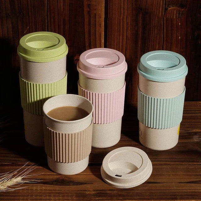 Re-usable 350ml Wheat Straw Travel Coffee Mugs Cup with Lid and Stir Easy to Go Portable Mug for Outdoor Camping Hiking Picnic