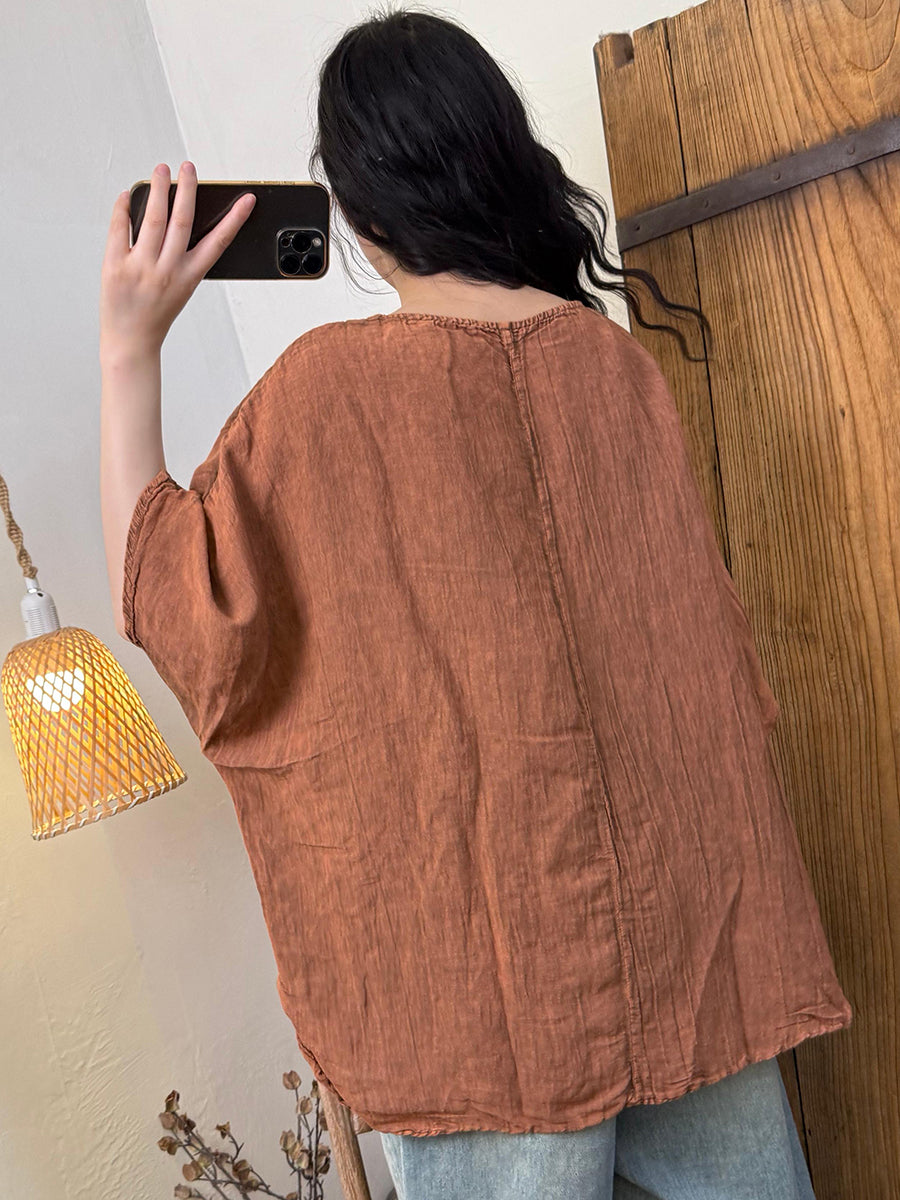 Women Summer Retro Pure Color O-Neck Linen Shirt
