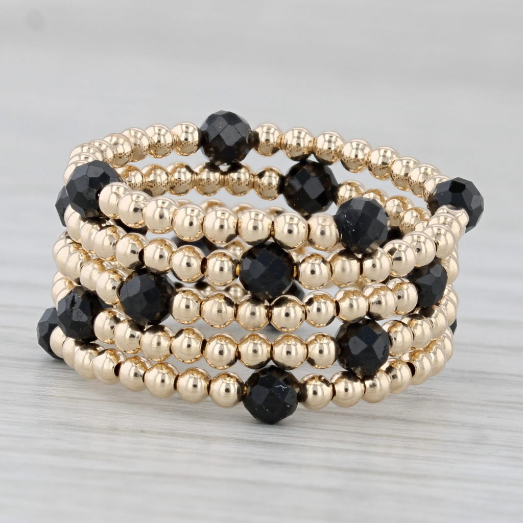 New Coiled Bead Black Glass Ring 14k Yellow Gold Adjustable Size 7