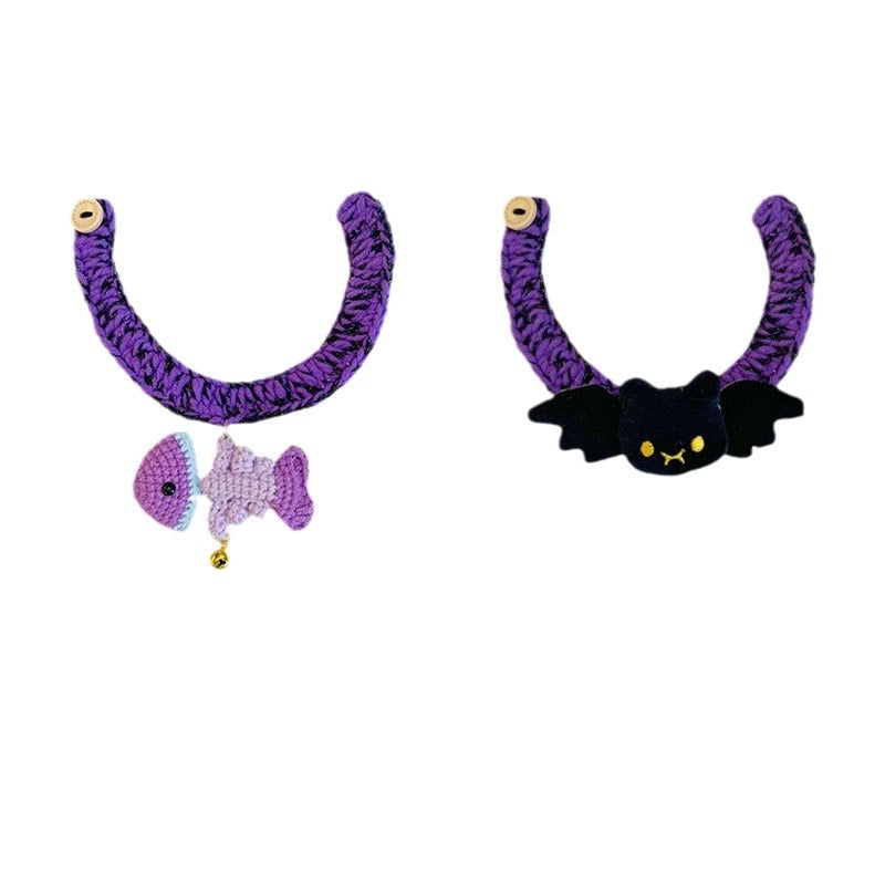 Halloween Cat Collar Crocheted Dried Minnows Small Bat Ornaments Cat Dog Wool Purple Scarf