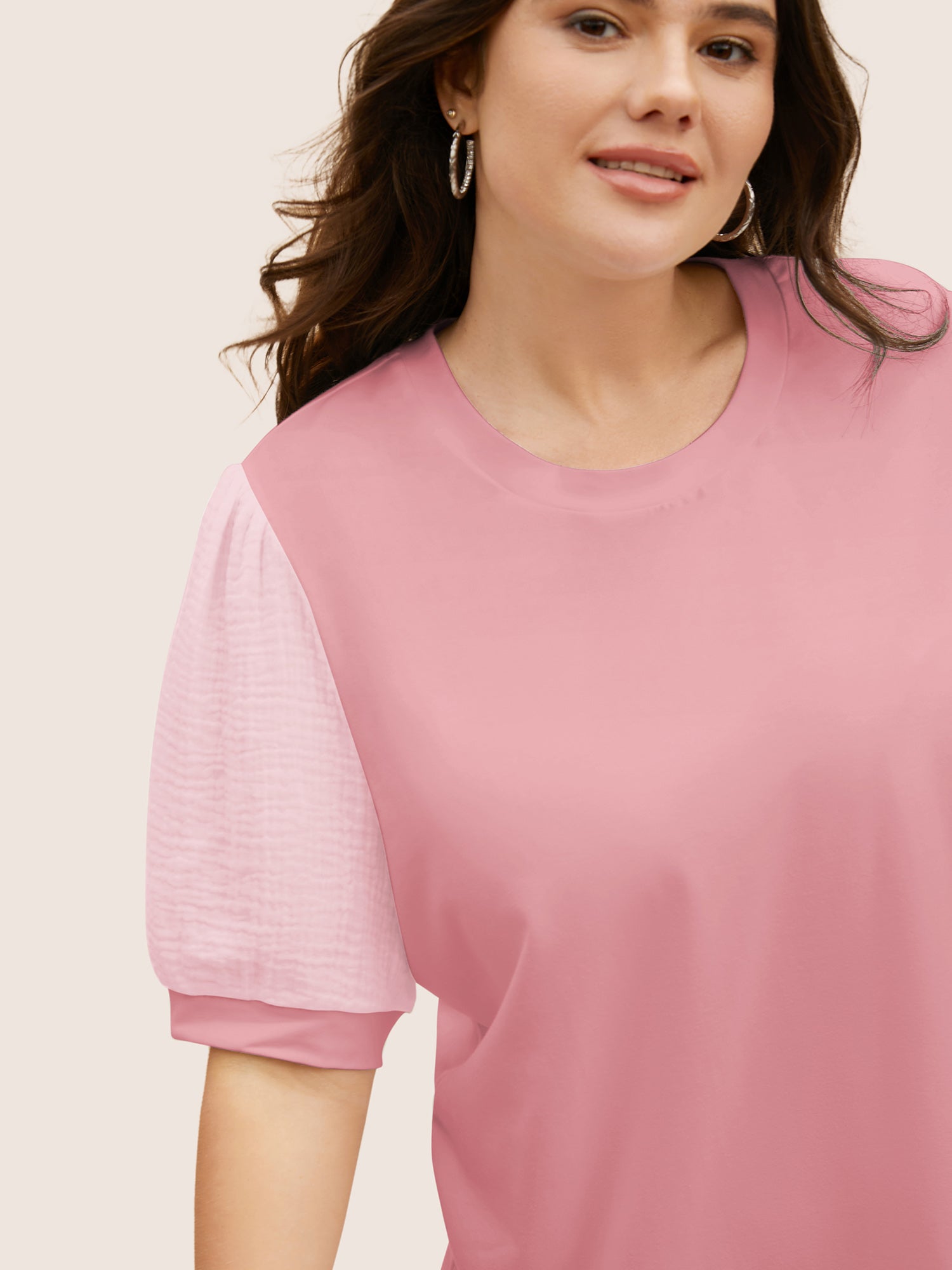 Plain Textured Patchwork Lantern Sleeve T-shirt