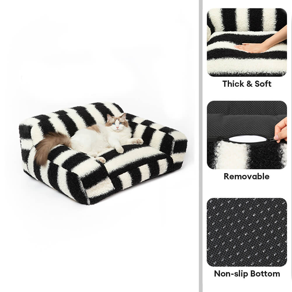 Bold Striped Faux Lambswool Wide Armrest Dog & Cat Sofa Bed