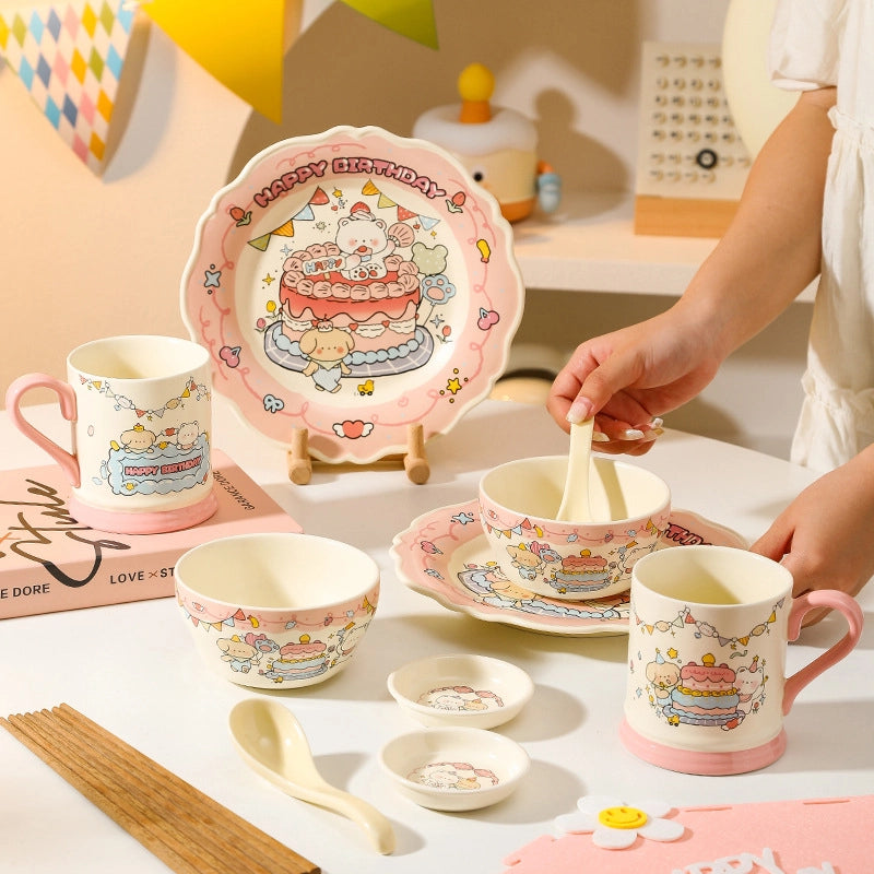 Cute Cartoon Ceramics Plate Bowl Mug 1 Set