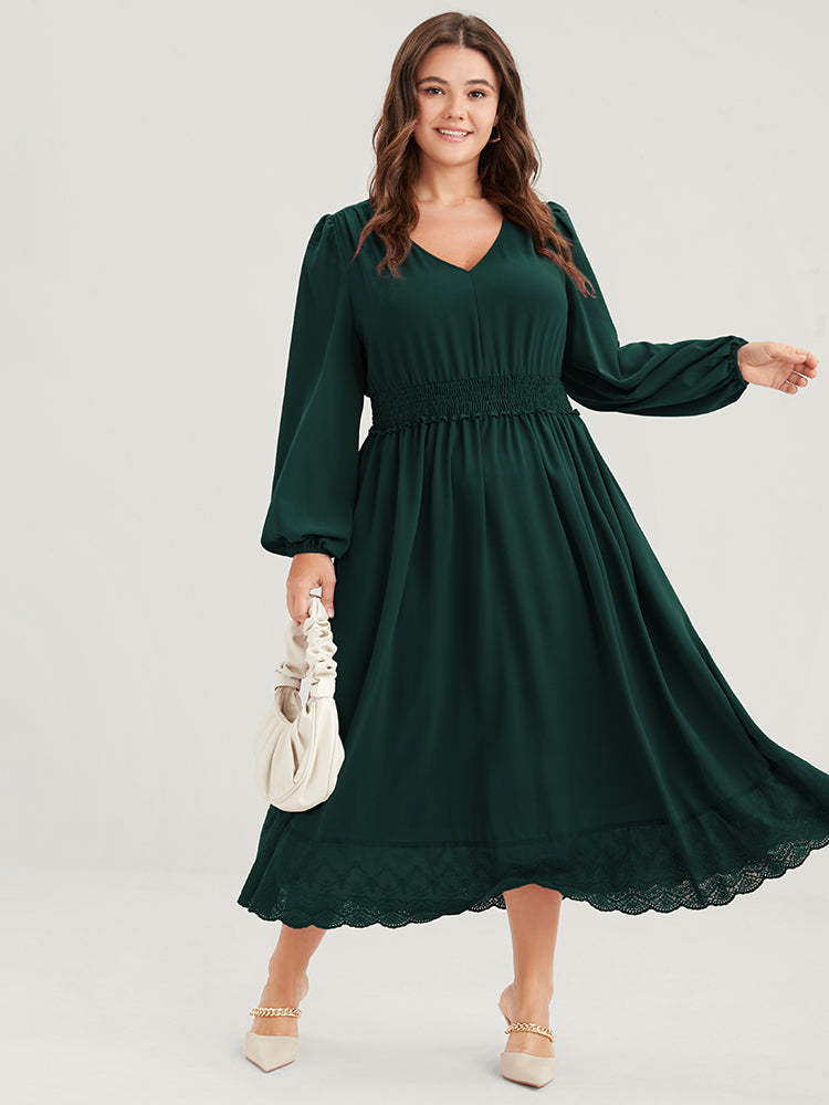 Solid Pocket Lantern Sleeve Patchwork Ruffled Shirred Dress