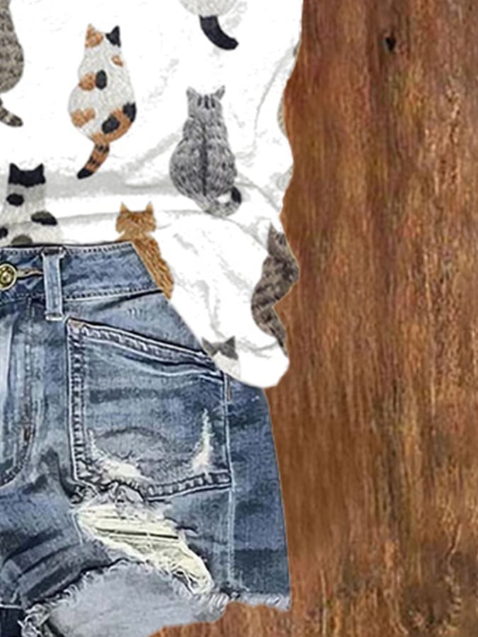 Women'S Cute Cats Embroidery Print T-shirt