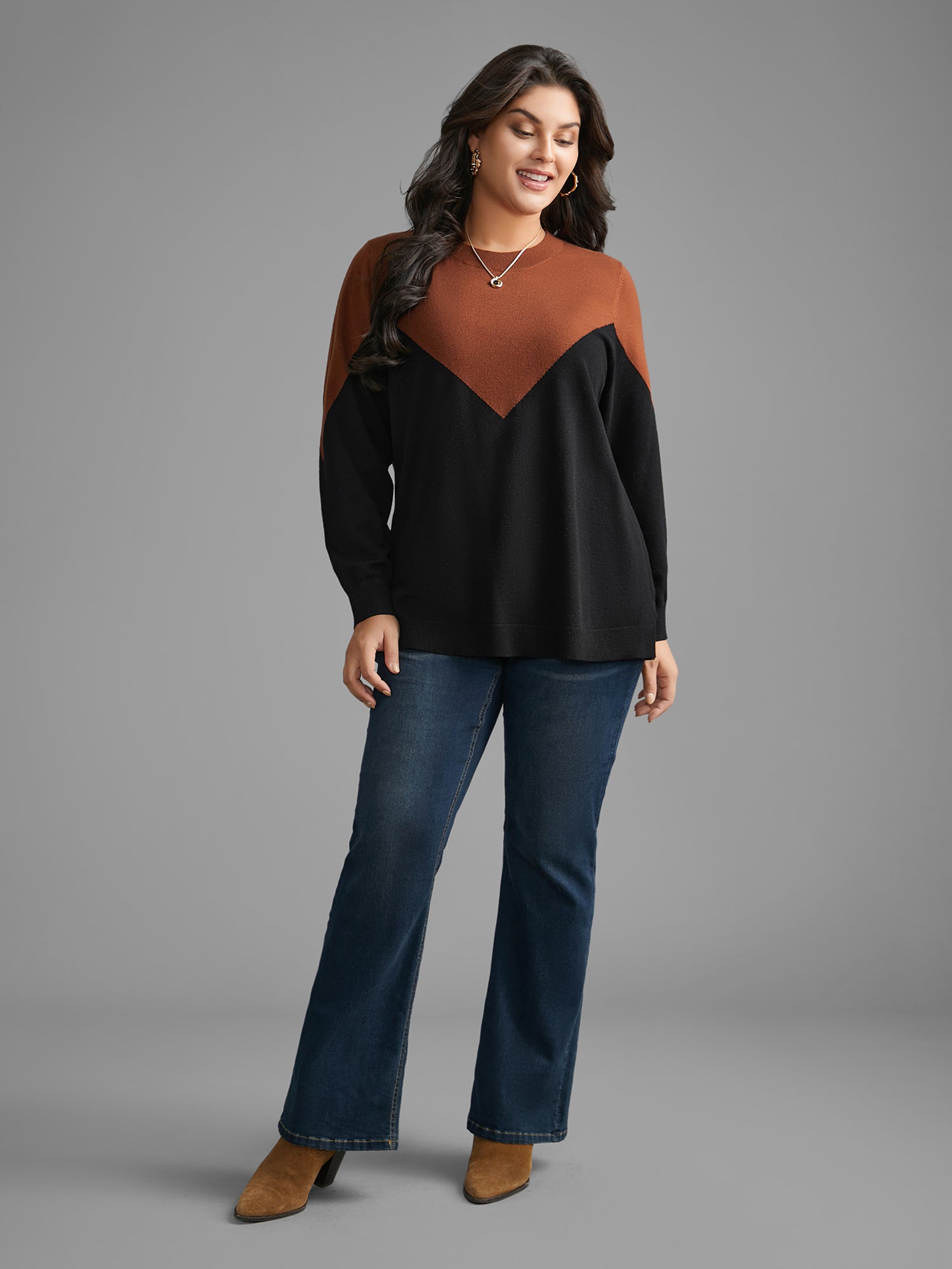 Round Neck Contrast Patchwork Pullover