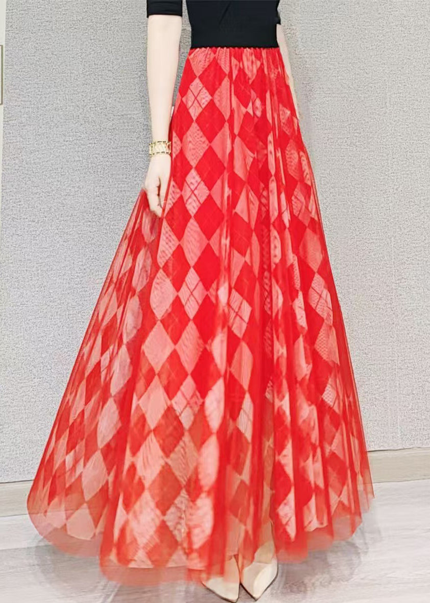 Loose Red Plaid Elastic Waist Tulle Skirt Summer
