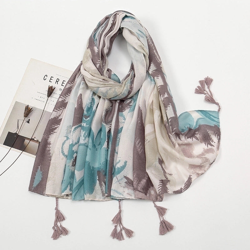 Women'S Sweet Flower Cotton And Linen Tassel Scarf