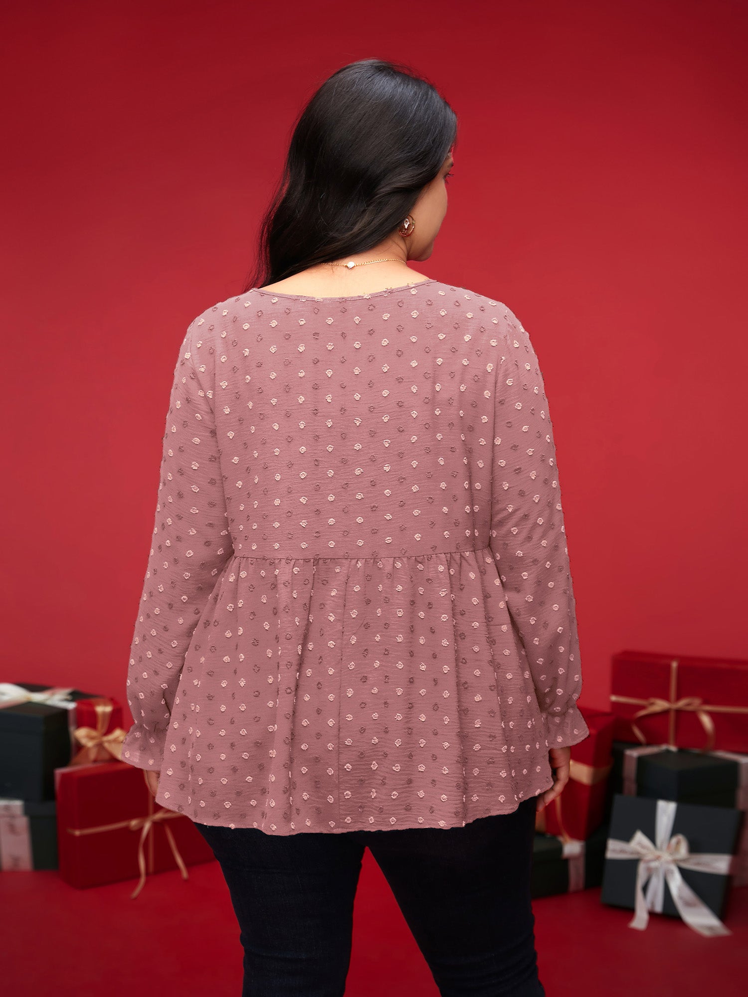 Textured Dot Elastic Cuffs A-line Blouse