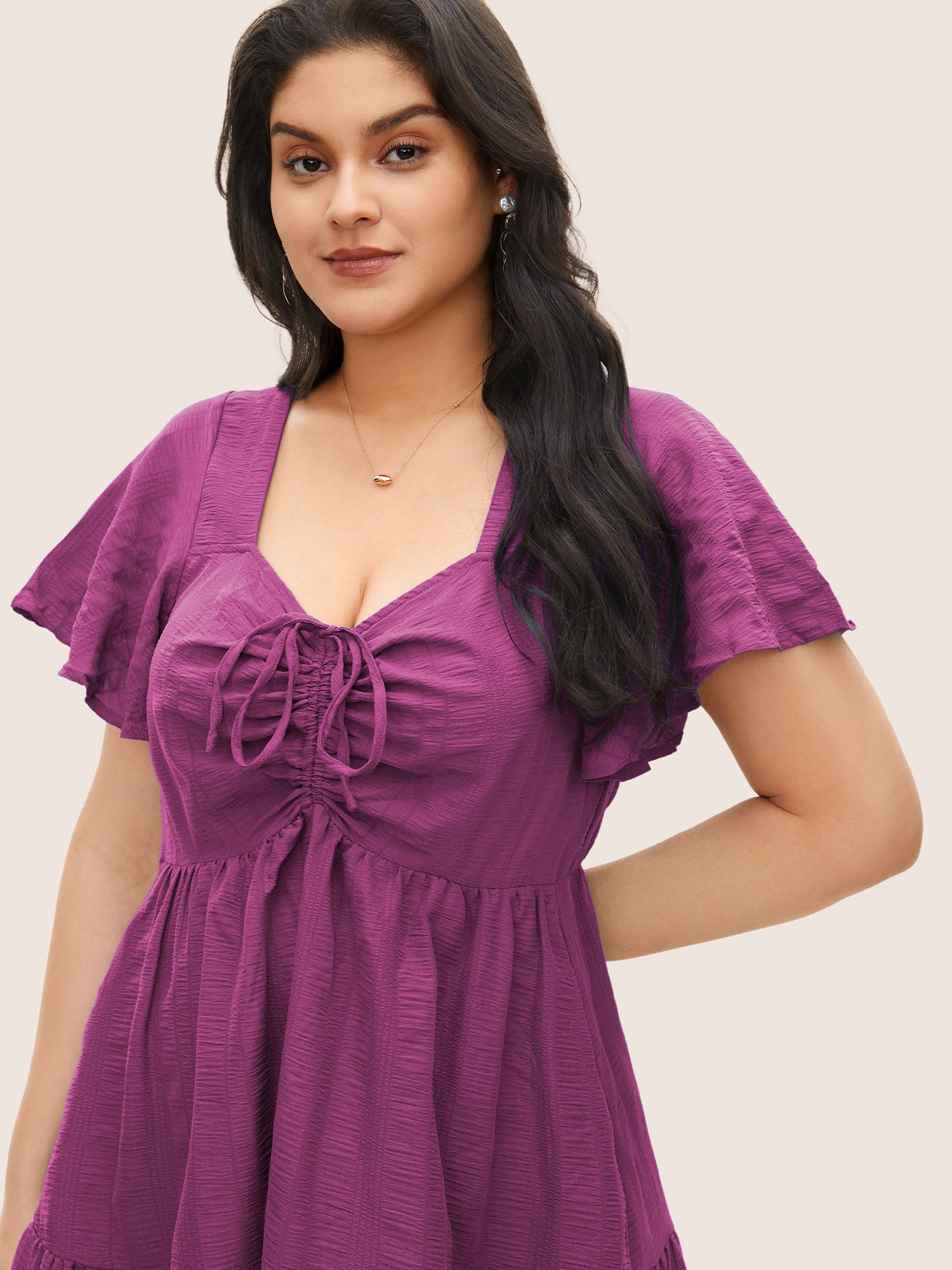 Plain Ruched Drawstring Pocket Ruffle Tiered Dress