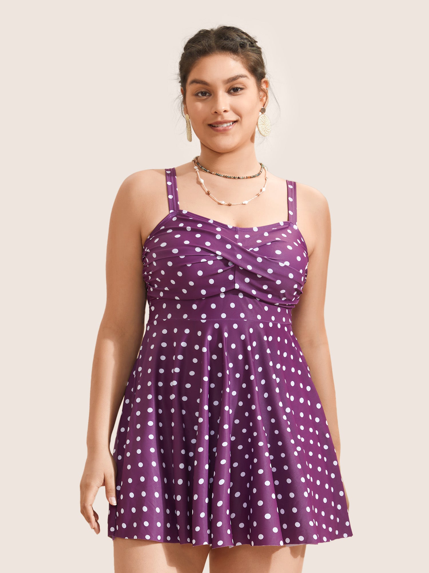 Polka Dot Crossover Ruched Flutter Hem Swim Dress