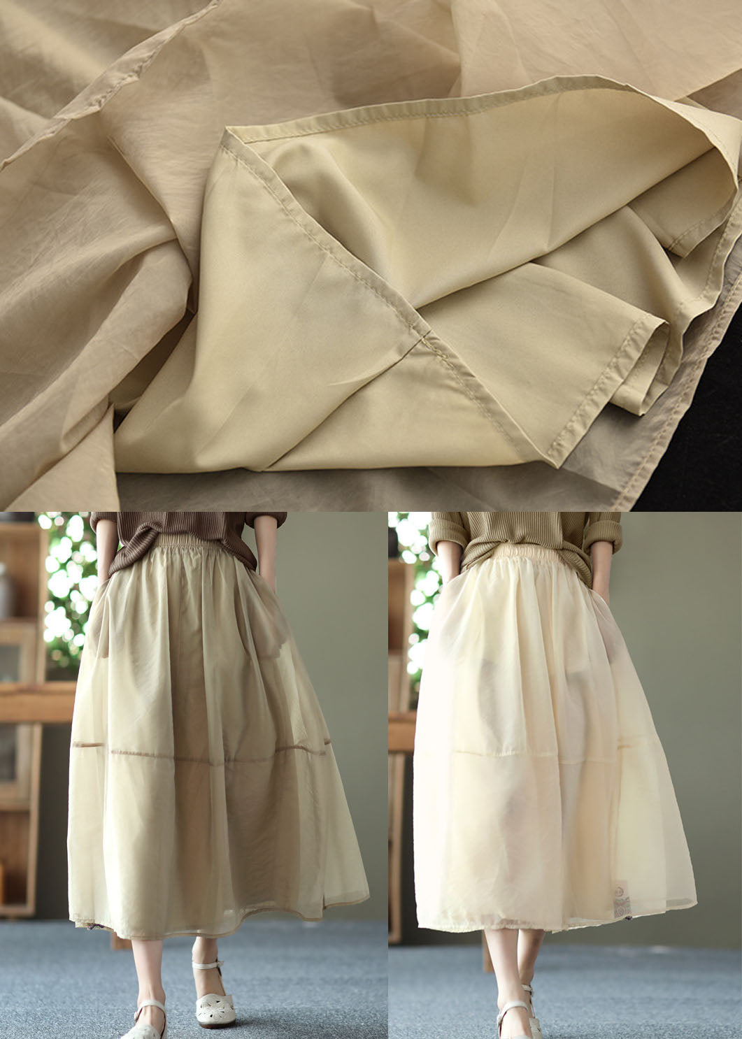 Milk Tea Color Solid Pockets Tulle A Line Skirt Summer