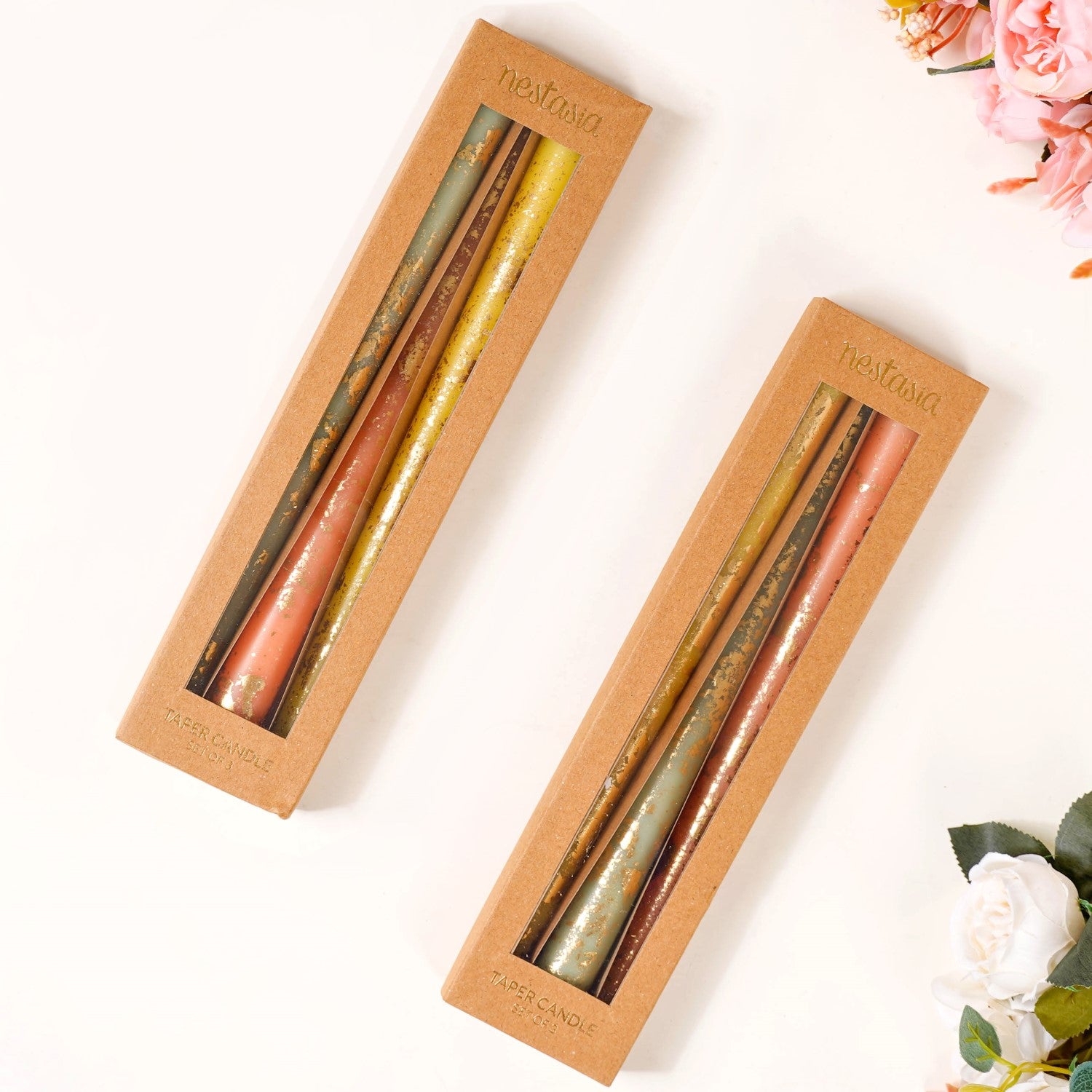 Set Of 6 Taper Candles With Gold Detailing Assorted Colours