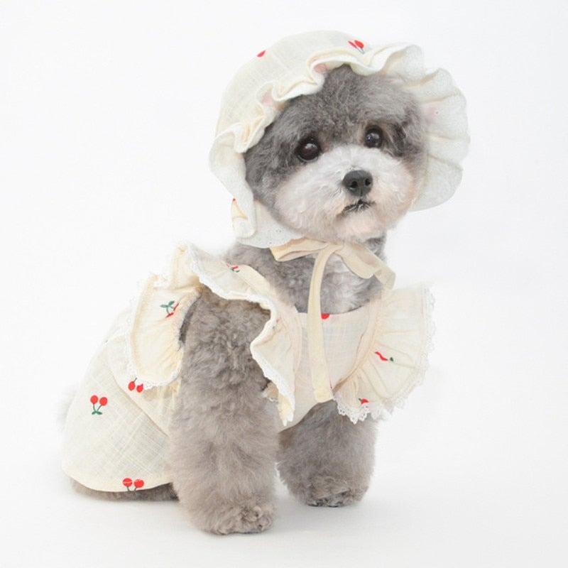 Cherry Printed Dog Cat Dress With Hat