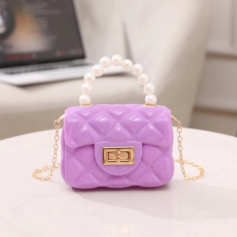Women's PVC Solid Color Cute Beading Pearls Square Lock Clasp Crossbody Bag
