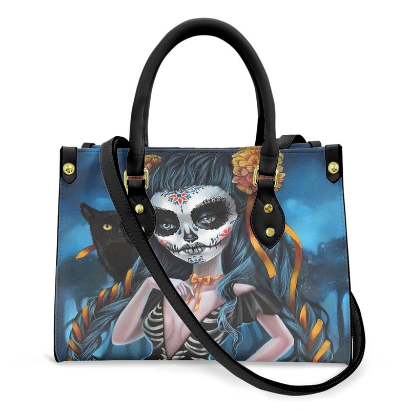 Halloween Women's Medium Pu Leather Human Floral Streetwear Square Hook Loop Customized Tote Bag