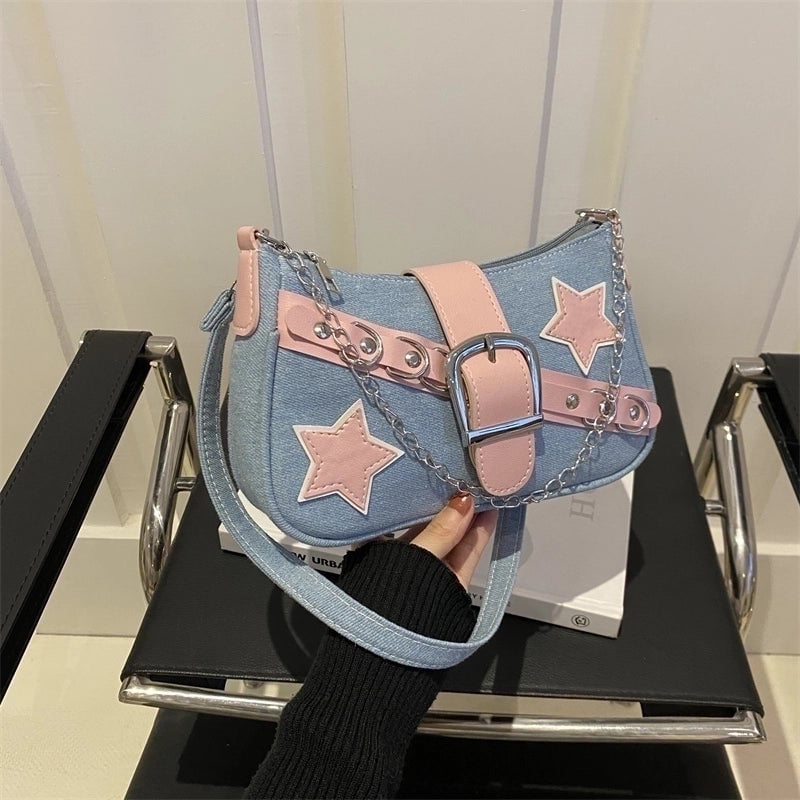 Women's Denim Color Block Star Streetwear Buckle Underarm Bag