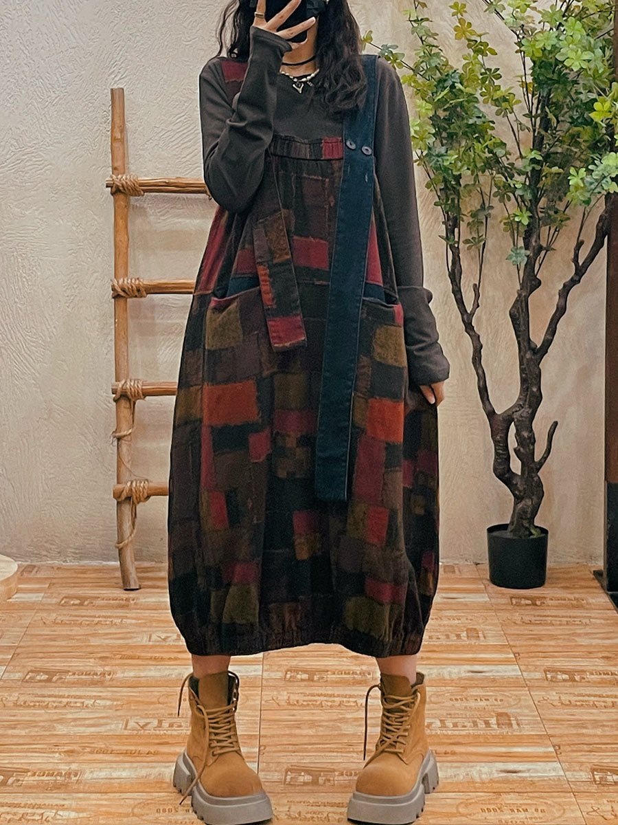 Plus Size Women Autumn Retro Patch Spliced Overall Dress