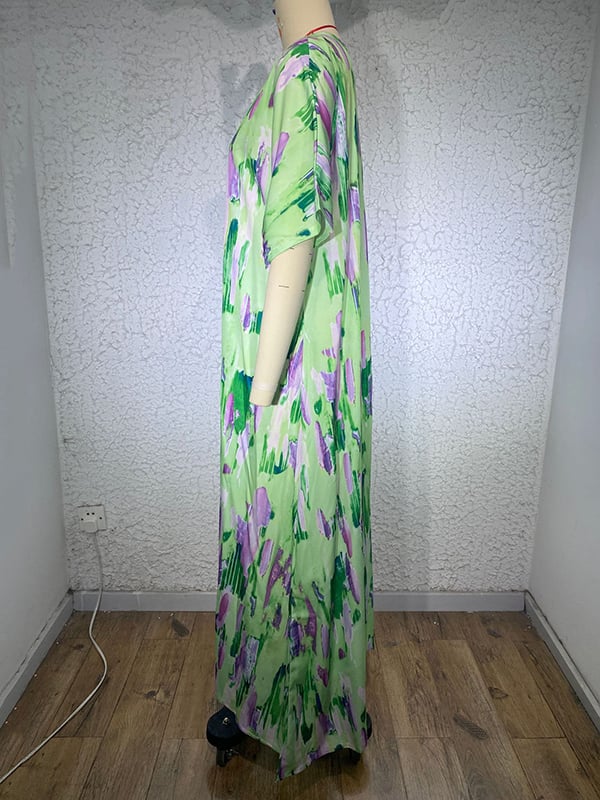 Loose Short Sleeves Multi-Colored Printed V-Neck Maxi Dresses