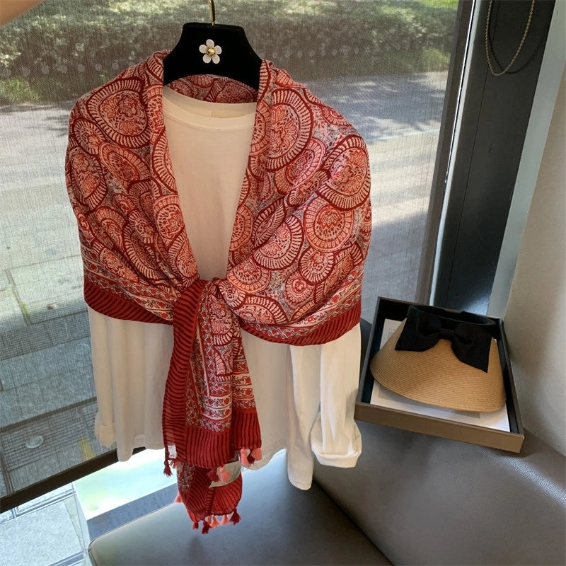 Women's Silk Scarf Summer Versatile Thin Scarf Cotton And Linen Scarf Blue Feather Tassel Beach Towel Sunscreen Shawl