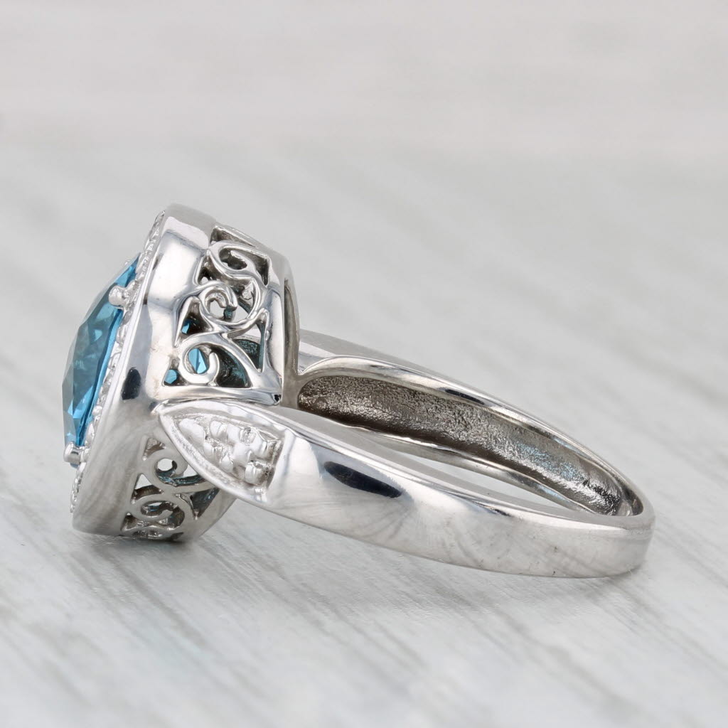 3.60ctw Blue Topaz Diamond Halo Ring 14k White Gold Size 6