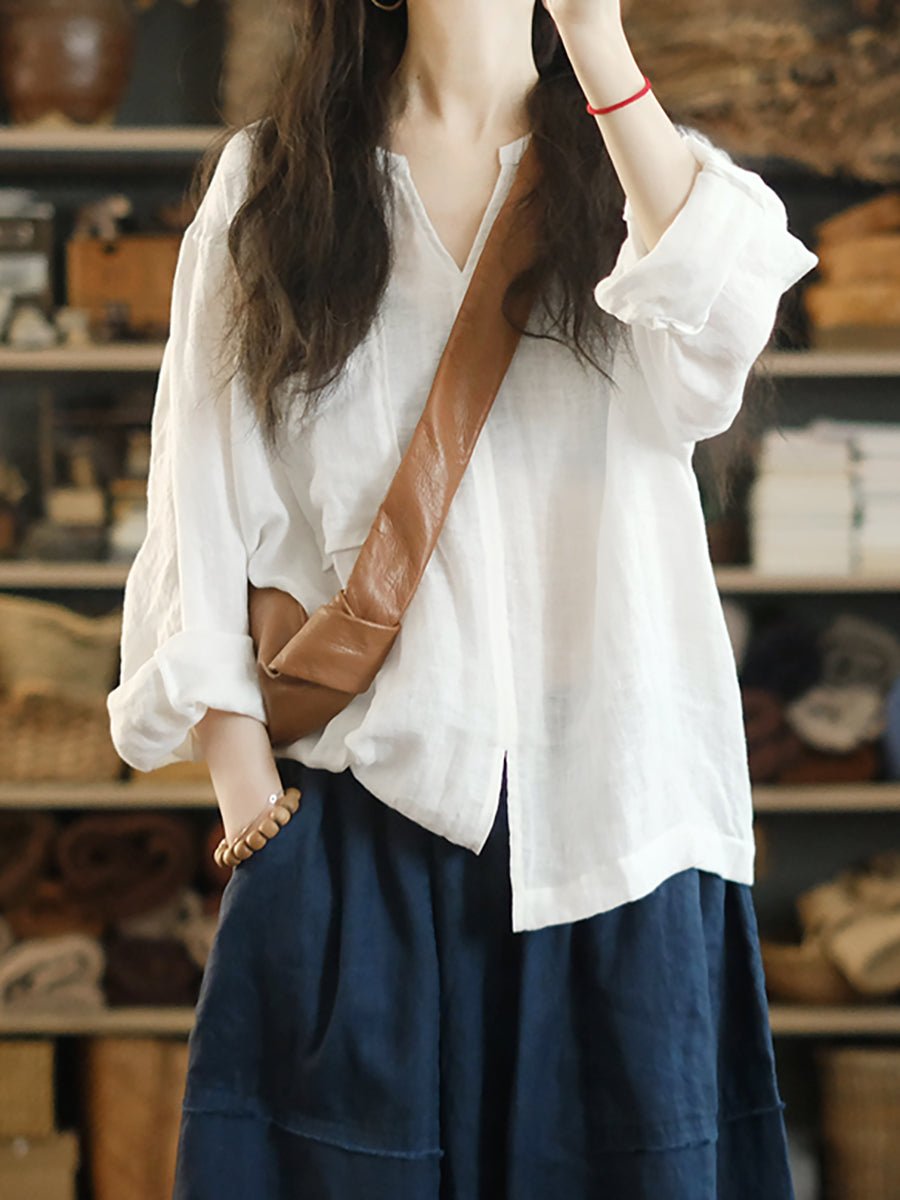 Women Summer Retro Pure Color 100%Linen V-Neck Shirt