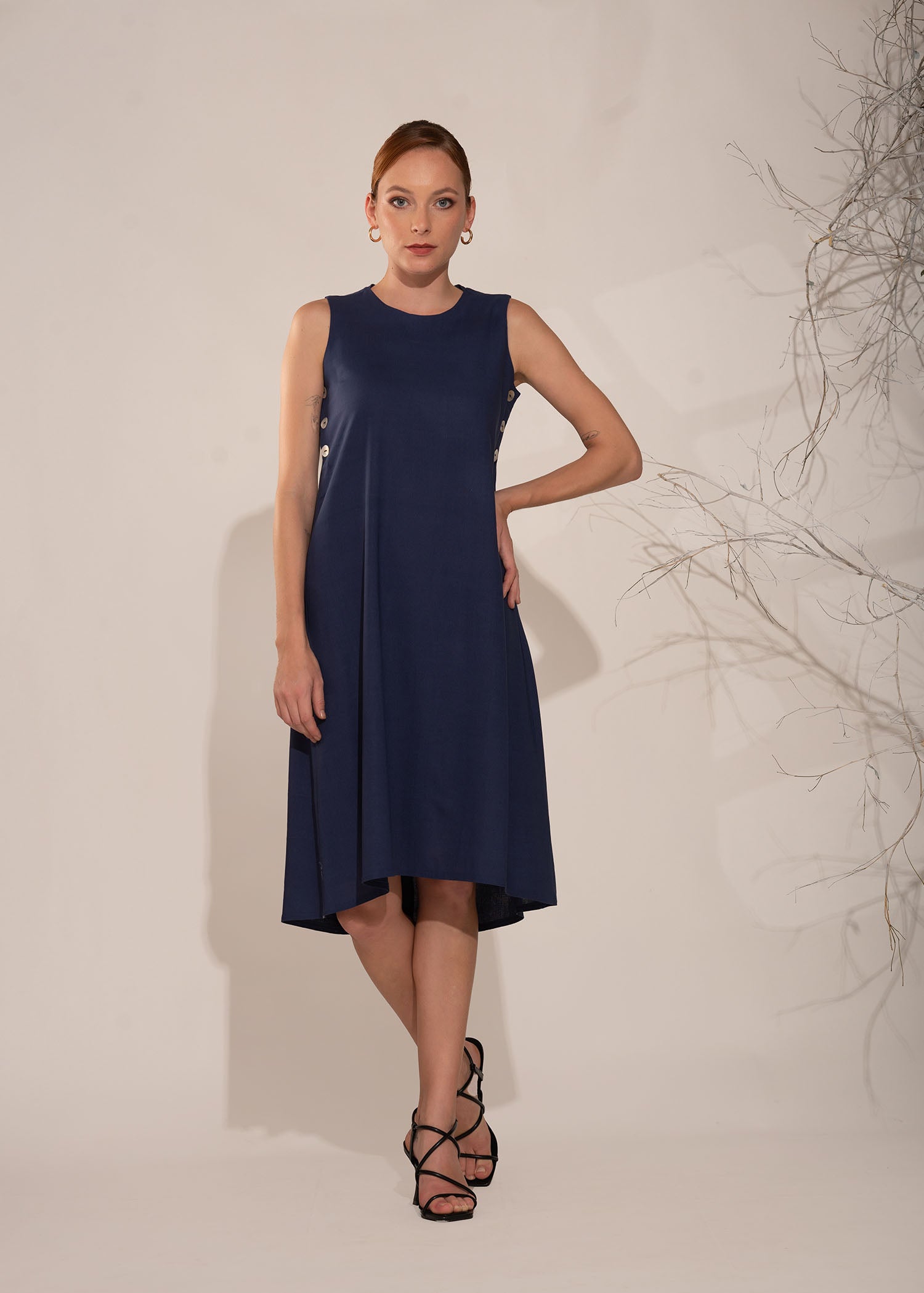 Sleeveless Round Neck Dress With Side Buttons