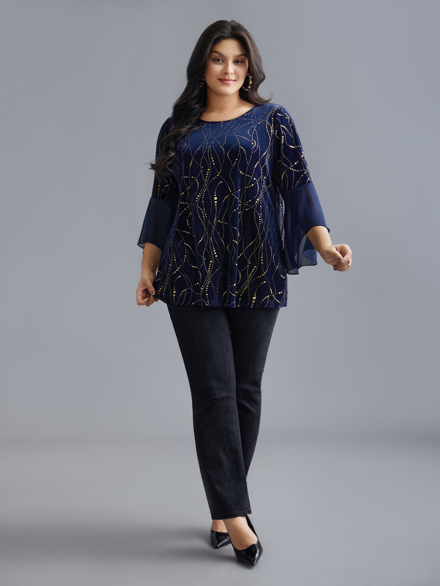 Velvet Glitter Mesh Bell Sleeve Patchwork Blouse