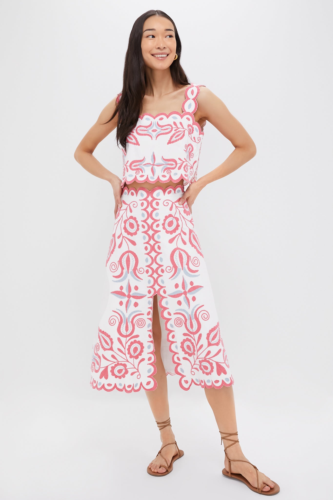 Multi Eevi Embroidered Twill Midi Skirt