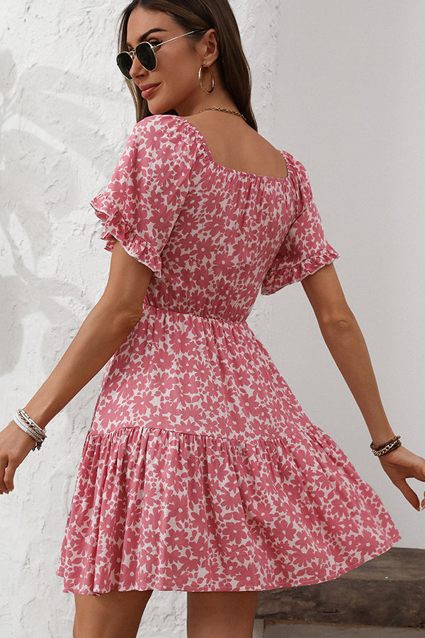 Fashion Floral Print Hook Design Mini Dress