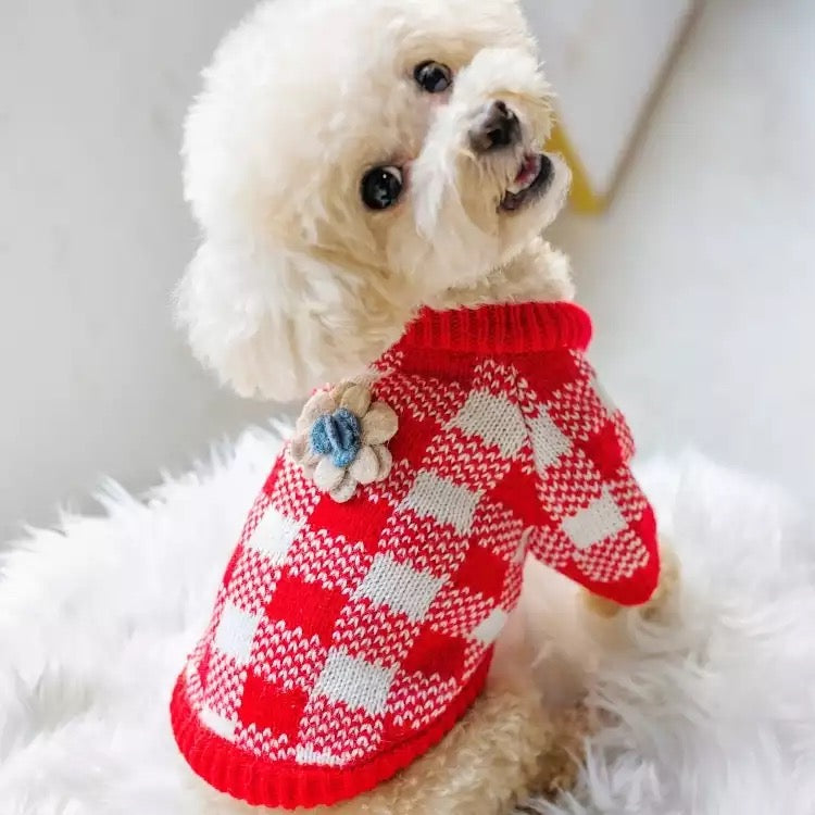 Flower Plaid Dog Cat Sweater