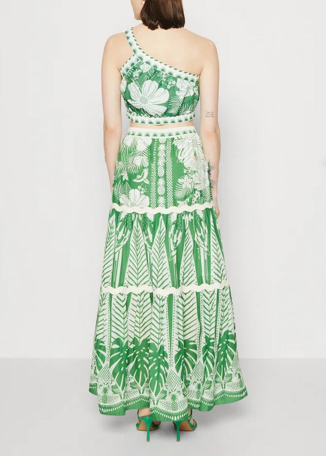 Bohemian Vacation Style One Shoulder Short Top And High Waisted Skirt Set