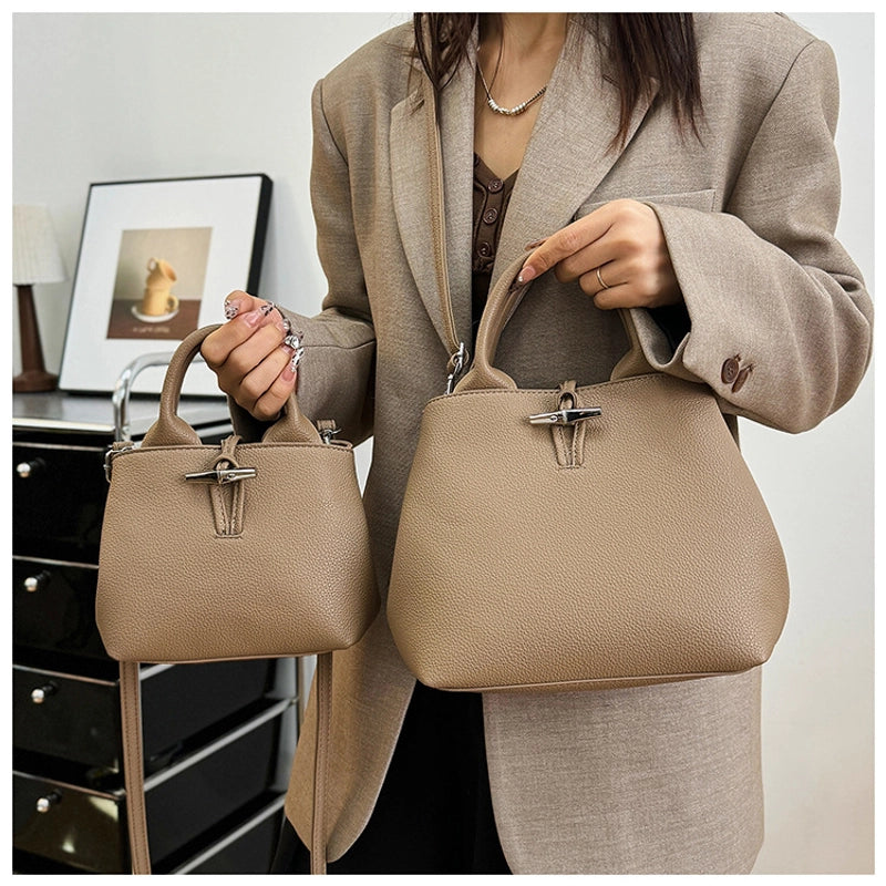 Women's Pu Leather Solid Color Classic Style Sewing Thread Bucket Zipper Lock Clasp Crossbody Bag