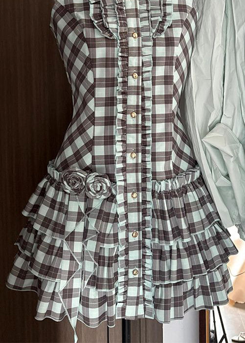 French Peter Pan Collar Plaid Ruffled Cotton Mid Dress Sleeveless