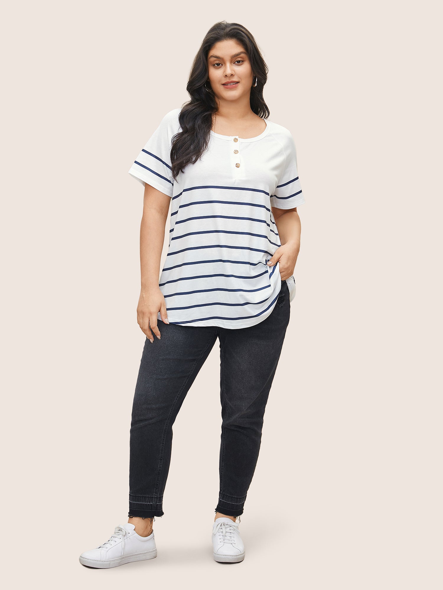 Striped Print Raglan Sleeve Button Up T-shirt