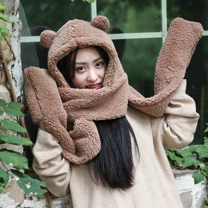 Autumn And Winter Lamb Velvet Padded Cute Bear Ears Hat Scarf Warm Scarf One-piece Warm Rabbit Hat