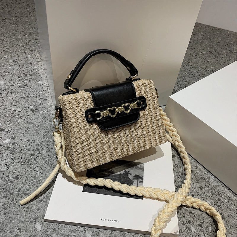 Women's Medium Straw Color Block Solid Color Vacation Beach Weave Magnetic Buckle Straw Bag