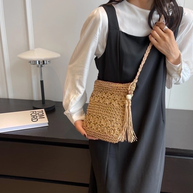 Women's Straw Solid Color Vacation Weave Square Zipper Shoulder Bag Beach Bag