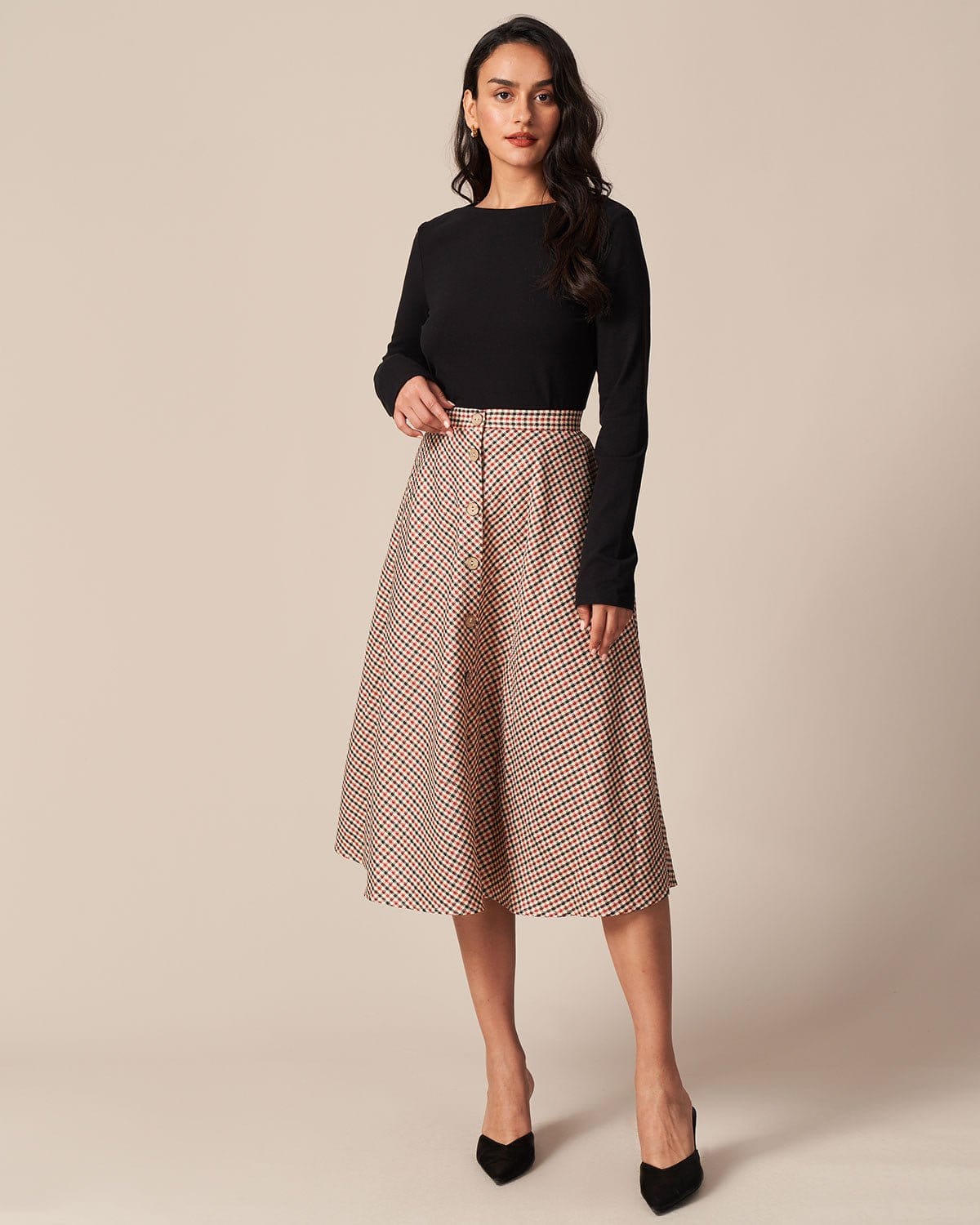 The Brown High Waisted Plaid Button Midi Skirt