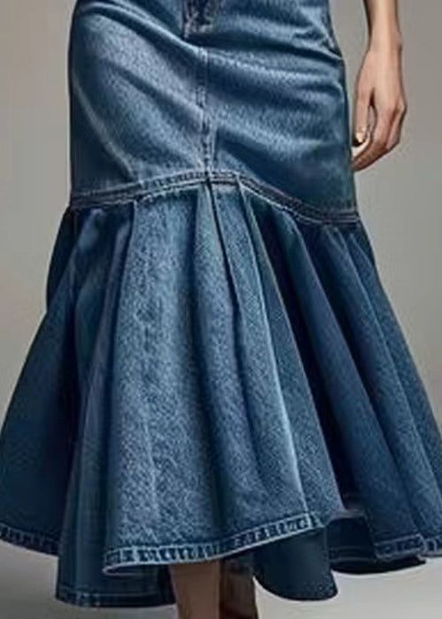 French Blue Wrinkled High Waist Fishtail Skirt Summer