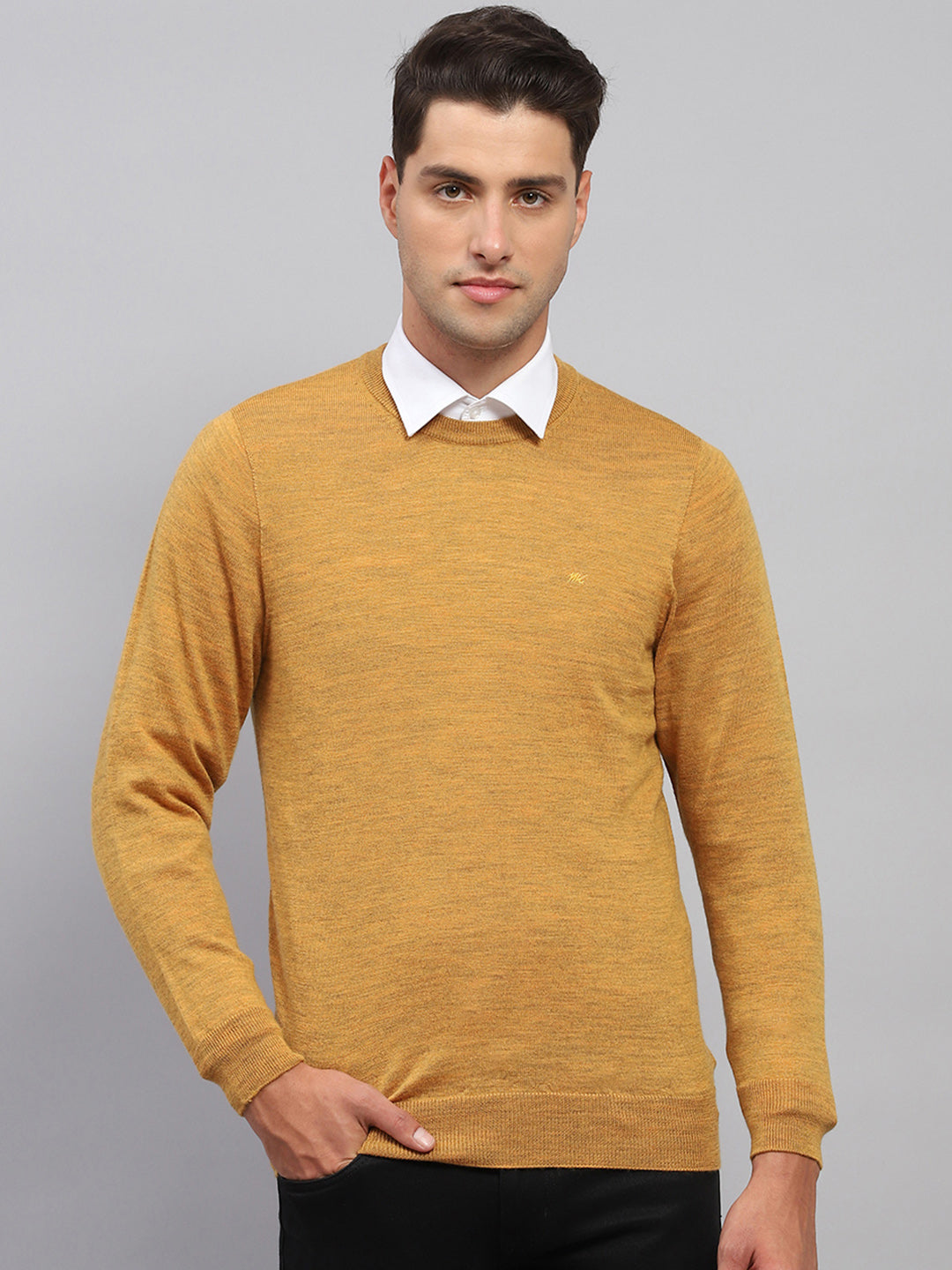 Men Mustard Solid Round Neck Full Sleeve Pullover