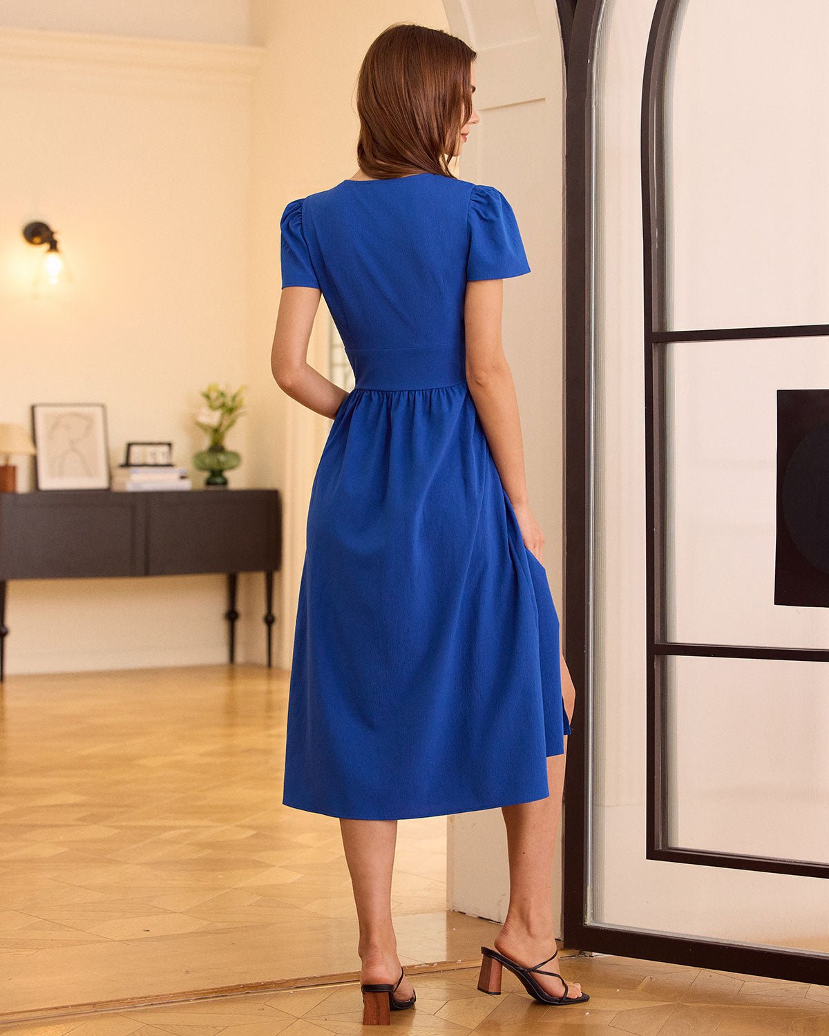 The Navy V Neck Wrap Midi Dress