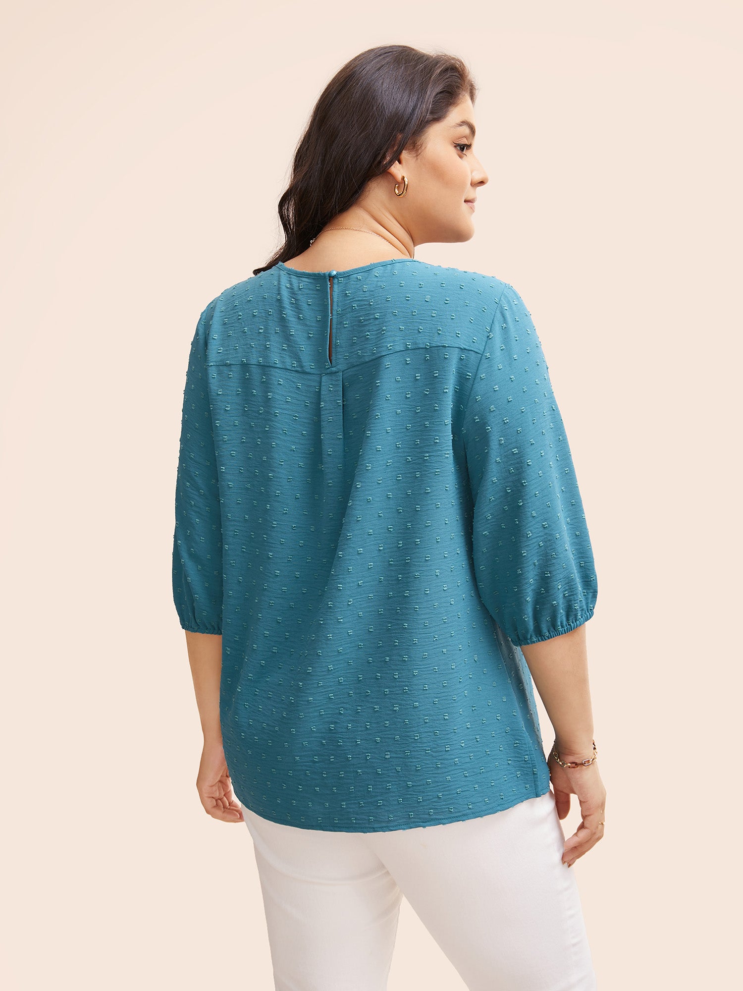 Texture Round Neck Pleated Lantern Sleeve Blouse