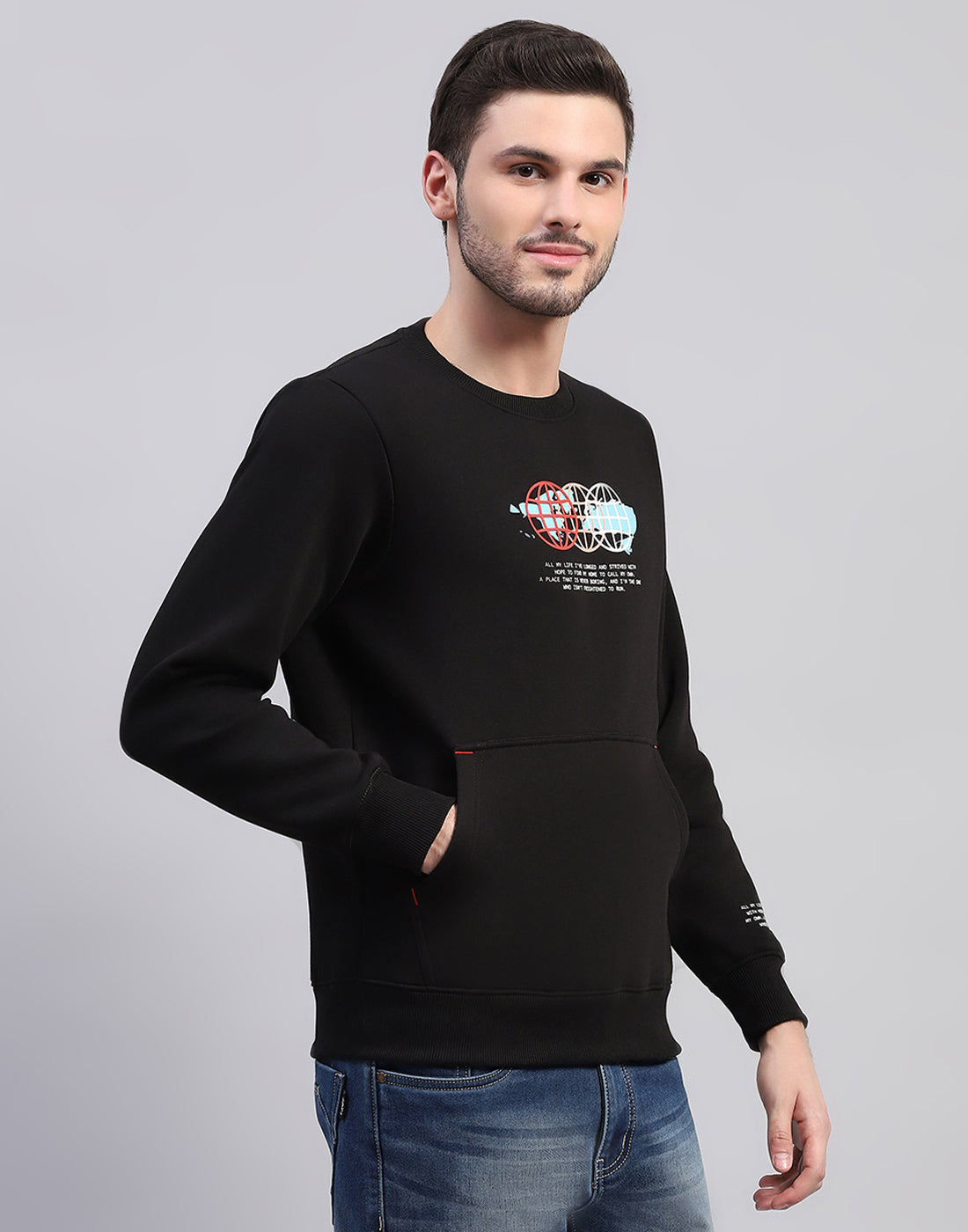 Men Black Printed Round Neck Full Sleeve Sweatshirt